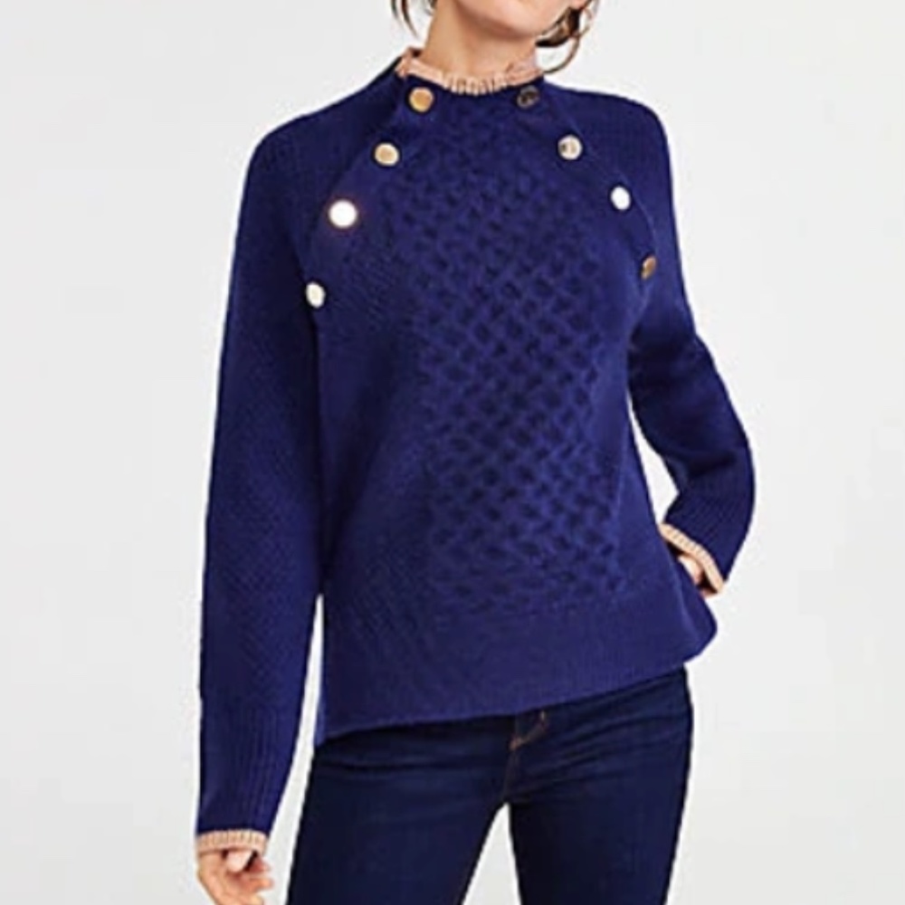 Ann Taylor Button Mock Blue Sweater
